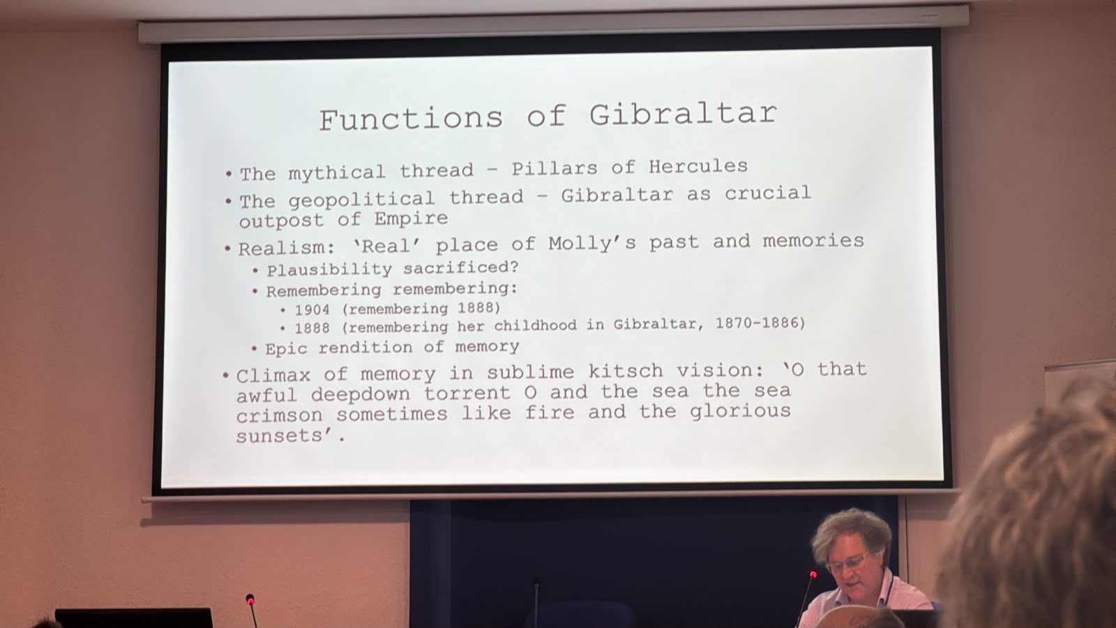 A slide titled Functions of Gibraltar, discussing the mythical, geopolitical and literary significance of the Strait